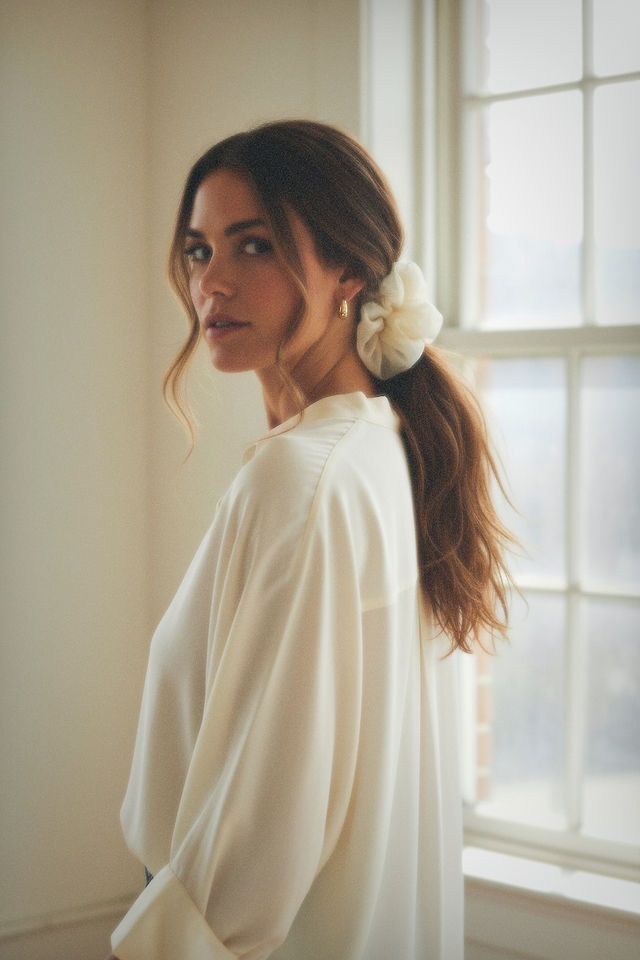 Woman in a white outfit, and organza scrunchie, standing by a window with a soft focus background