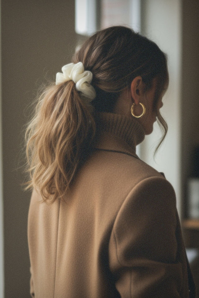 Person wearing a beige coat with an organza scrunchie and blurred background