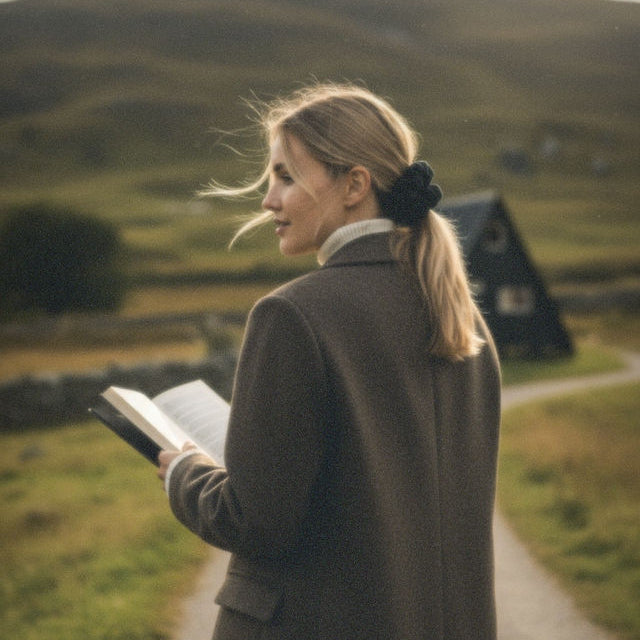 Woman reading a book in a scenic outdoor setting with a house in the background, with a suede black scrunchie
