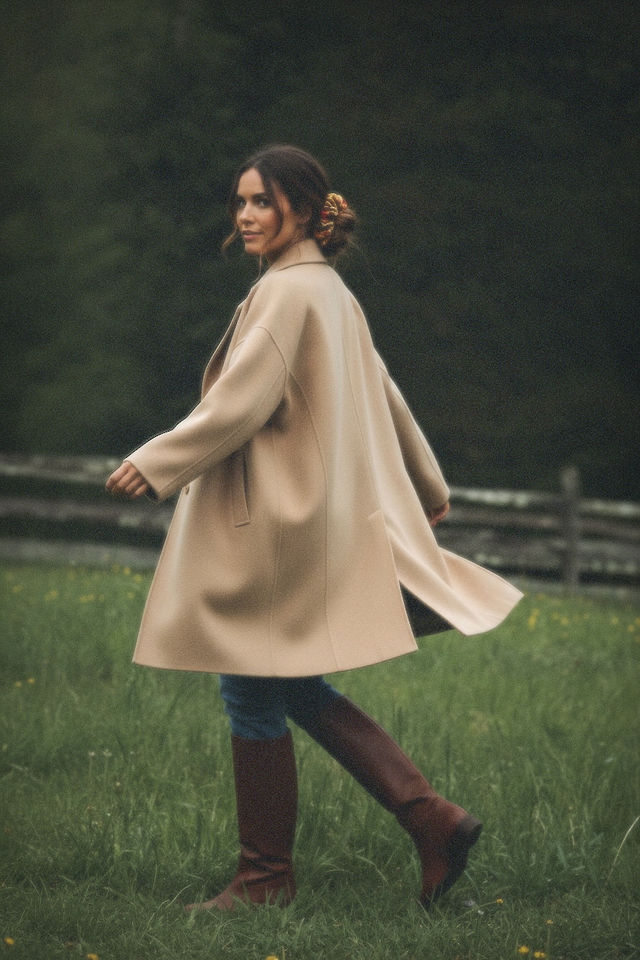 Woman in a beige coat walking through a grassy field with a blurred background with floral jacquard scrunchie