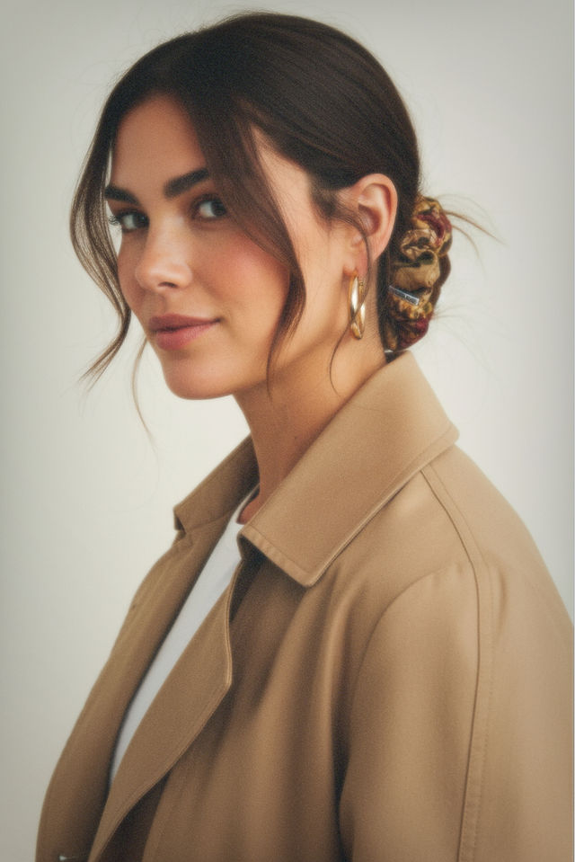 Woman wearing a beige coat with a neutral background and floral scrunchie