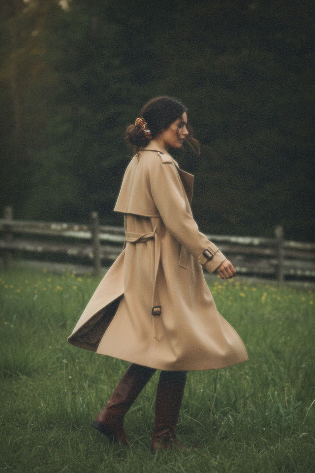 Woman in a beige trench coat walking through a grassy field with a blurred background and floral scrunchie