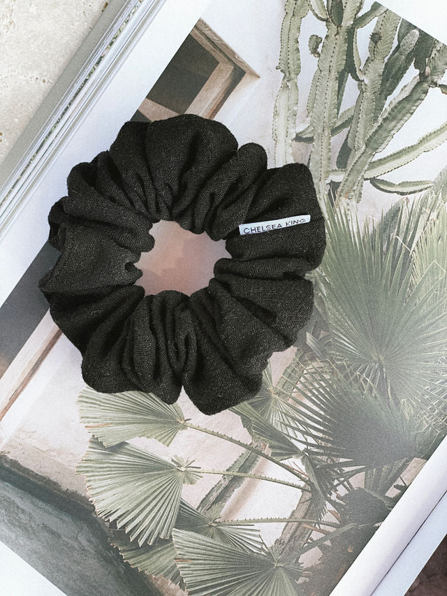 Natural Linen Black Scrunchie - Classic