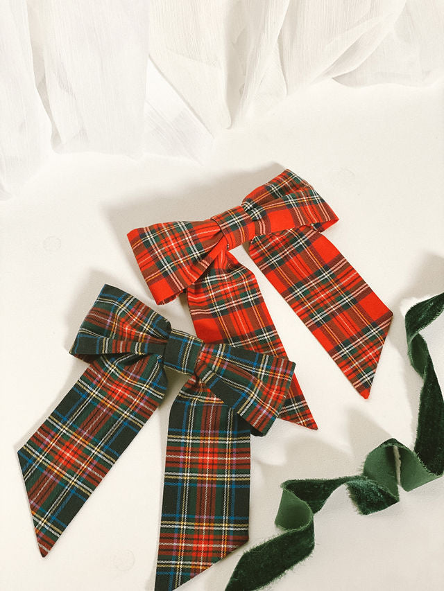 Bamboo Tartan Red Bow Clip