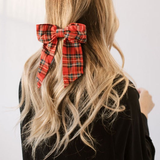 Bamboo Tartan Red Bow Clip